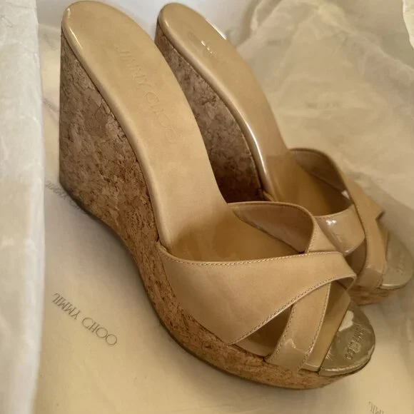 Jimmy Choo Nude Patent Leather Prima Cork Wedge Platform Sandals - Picture 1 of 6